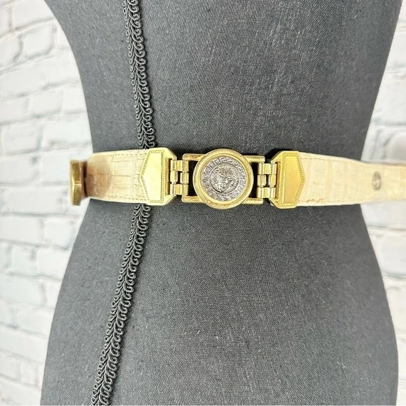 Vintage El General Genuine Caiman Skin Belt Cream Gold Metal Lion Western 40